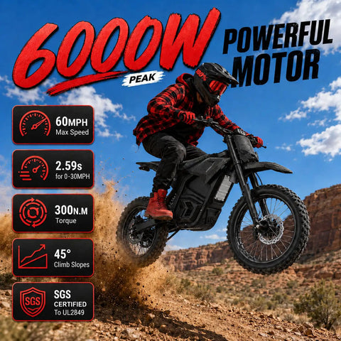 Heavy Duty Off Road Electric Dirt Bike With A Beast Mode 60V 30Ah Battery And 6000W Peak Motor jumping on rugged terrain.