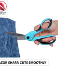 ProSeries 3 Piece Sewing Scissors Bundle For Fabric, Detail Work And Snips, Professional Grade Tempered Stainless Steel Blades, Rust Resistant, Sharp And Long Lasting For Craft Projects. Bent fabric shears cutting layered blue fabric.