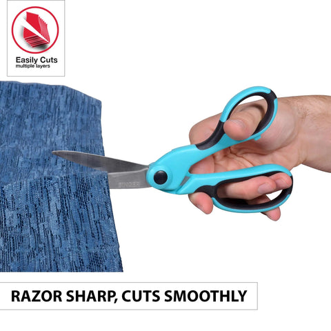 ProSeries 3 Piece Sewing Scissors Bundle For Fabric, Detail Work And Snips, Professional Grade Tempered Stainless Steel Blades, Rust Resistant, Sharp And Long Lasting For Craft Projects. Bent fabric shears cutting layered blue fabric.