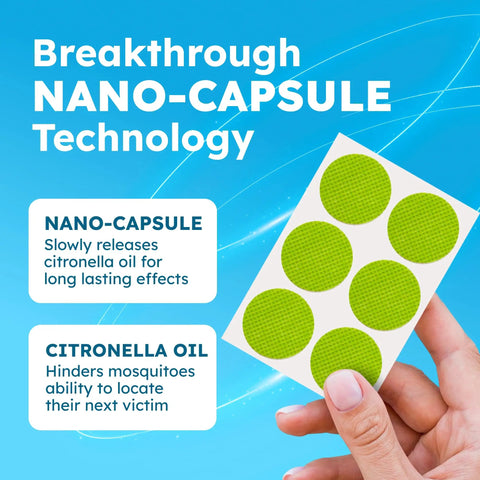 Hand holding Squito Stickers Mosquito Repellent Patches 78 Patch Pack DEET-Free, showcasing breakthrough nano-capsule technology.