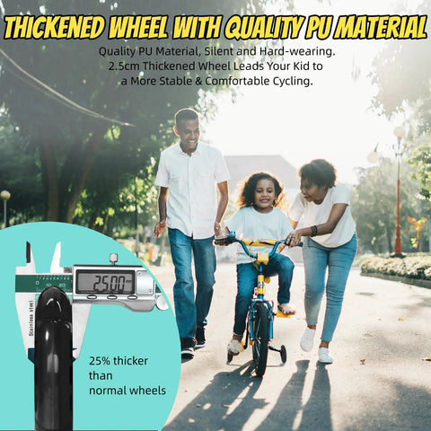 Child learning to ride a bike with heavy duty bicycle training wheels for 14 to 20 inch bikes, family assisting.