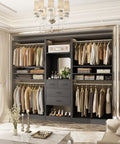 Spacious 97 Inch Closet System With Integrated Mirror And Four Deep Drawers Heavy Duty Wood Wardrobe Rack With Four Hanging Rods And Flexible Adjustable Shelves For No Fuss Walk In Storage In Matte Black in a stylish room.