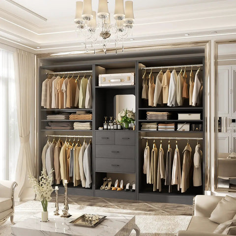 Spacious 97 Inch Closet System With Integrated Mirror And Four Deep Drawers Heavy Duty Wood Wardrobe Rack With Four Hanging Rods And Flexible Adjustable Shelves For No Fuss Walk In Storage In Matte Black in a stylish room.