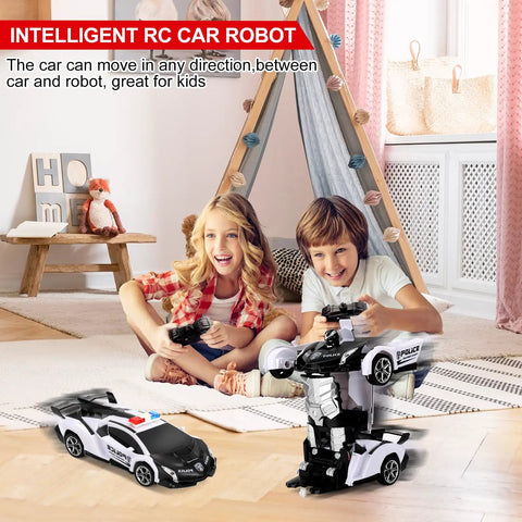 Transforming Remote Control Car For Kids Two In One Vehicle Converts To A Robot With One Button Deformation And 360 Degree Drifting LED Light A Dope Gift For Boys Ages Four Through Twelve White