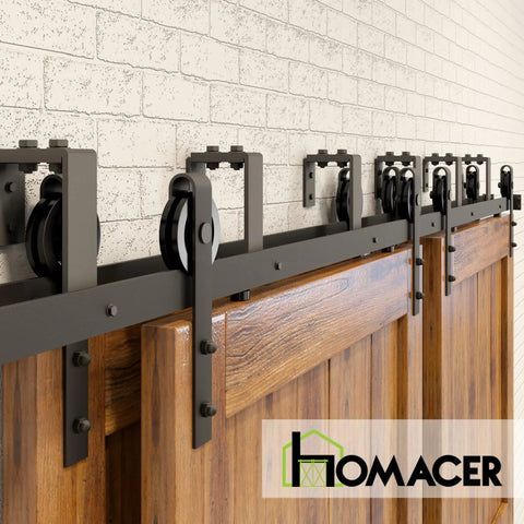 Black Rustic Double Track U Shape Bypass Sliding Barn Door Hardware Kit For Four Doors With 14 Foot Flat Track And Spoke Wheel Rollers No Fuss Space Saving Design Easy Install