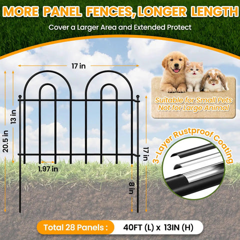 Illustration of 40 Ft No Dig Garden Fence Panels Pack Of 28 For Yard Animal Barrier Arch Decorative Fence with dimensions