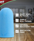 Extreme Foam Earplugs With 33dB NRR 100 Pair Pack, blue polyurethane foam, close-up on features: silky soft, simple roll down, irritation free.