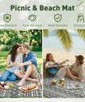 Couple enjoying picnic on Waterproof 5x8 Outdoor Rug Mat For Patio Balcony RV Camping And Beach Reversible Boho Gray Plastic Straw