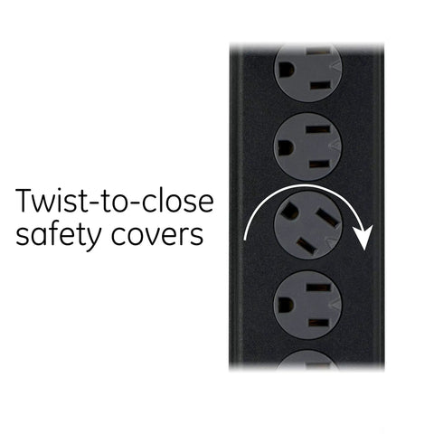 Image showcasing twist-to-close safety covers on 7-Outlet Surge Protector Go-To Power Hub With 2 USB Ports, 3ft Cord, 1300 Joules, Flat Plug.