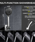 Veken chrome handheld showerhead with wall-mounted metal extension arm and five spray modes.
