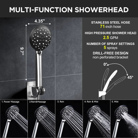 Veken chrome handheld showerhead with wall-mounted metal extension arm and five spray modes.