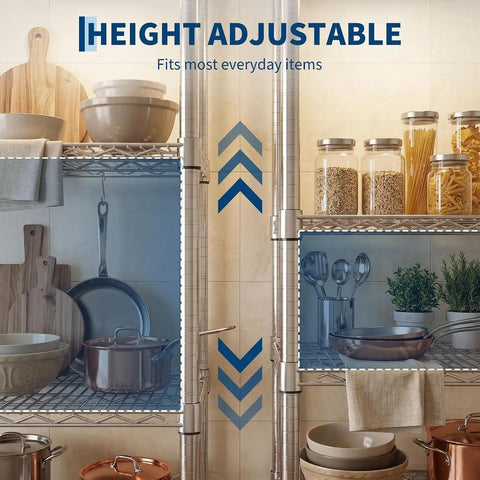 Heavy Duty 5 Tier Rolling Metal Wire Storage Rack With Smooth Gliding Casters For Garage Or Pantry Featuring Beast Grade Rust Resistant Build plus Slick Matte Finish showcasing adjustable height and everyday items.