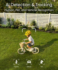 Dual-Lens 360 Coverage Outdoor Floodlight Security Cam With Pan And Tilt AI Detection And Tracking 8x Hybrid Zoom 2K And 3K Resolution 24 Seven Recording No Monthly Fee Wired Dual-Band WiFi 6 2000 Lumen AI detection of child on bike in yard.