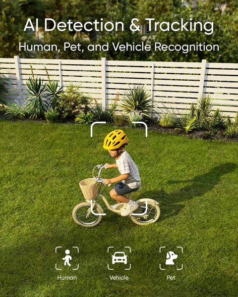 Dual-Lens 360 Coverage Outdoor Floodlight Security Cam With Pan And Tilt AI Detection And Tracking 8x Hybrid Zoom 2K And 3K Resolution 24 Seven Recording No Monthly Fee Wired Dual-Band WiFi 6 2000 Lumen AI detection of child on bike in yard.