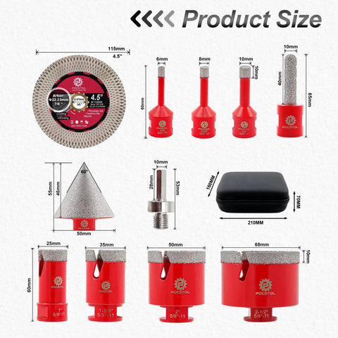 Diamond Core Drill Bit Set 11pc For Porcelain Ceramic Tile Marble Granite Includes 6mm 8mm 10mm bits, saw blade, and case