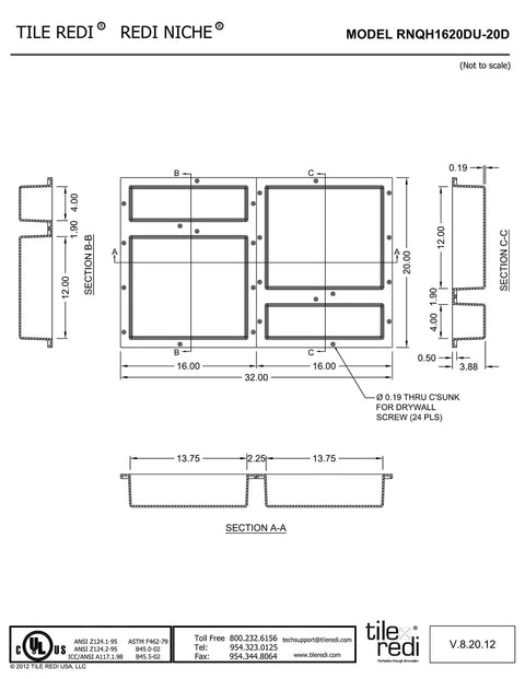 Technical drawing of Quad Recessed Shower Shelf Niche With Four Inner Shelves, 32 Inch Wide By 20 Inch High By 4 Inch Deep, Black.
