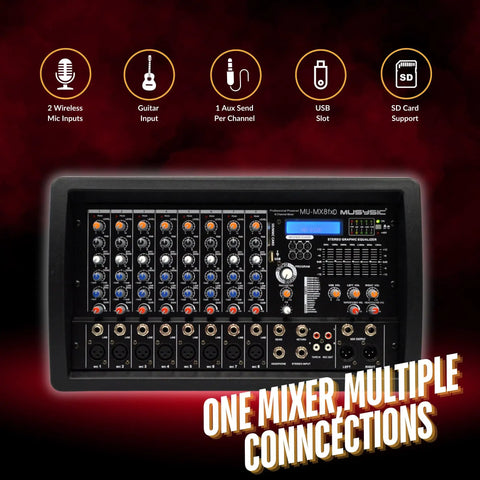 Top view of 8 Channel 4500W Digital DJ Mixer With Built In Amplifier 7 Band EQ 16 DSP FX Phantom 48V USB SD Bluetooth FM XLR