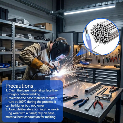 Welder using 50-Piece Aluminum Brazing Rods 3/32 In By 13 In No Flux Low Temp 716-752 F For Aluminum Repair with tools on table.