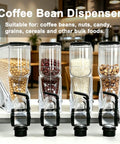 Commercial 4 Pack Coffee Dispenser Straight Up Heavy Duty Countertop Storage Jars For Beans Grains Snacks And Candy Airtight Clear Bulk Food Canisters on display with various bulk foods.