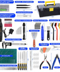 Front view of 135-piece 3D printer tools kit in a black toolbox with yellow handle; includes caliper and tweezers.