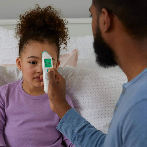 TempleSwipe Digital Thermometer With Color Coded Fever Guide Backlit Display For Adults And Kids Fast Accurate Readings No Fuss Temple Swipe Check Green Yellow Red Fever Indicators Kid Friendly forehead thermometer held to child's temple