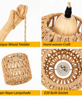 Detailed views of EHFMGYB Rattan Wall Sconces Set of Two Plug in, showing unique wood holder, hand-woven lampshade, and E26 socket.