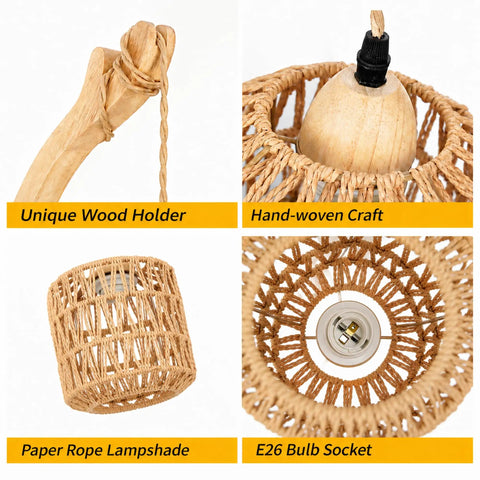 Detailed views of EHFMGYB Rattan Wall Sconces Set of Two Plug in, showing unique wood holder, hand-woven lampshade, and E26 socket.