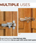 Zinc Plated Barn Door Jamb Latch With Hook For Bi Parting Doors 7 Inch, shown installed on wooden sliding and bi-parting doors