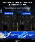 Diagram of Oil Extractor Pump And Dispenser Kit For Cars And Trucks Garage Ready 10 Liter Pneumatic Bleeder With Two Point Six Gallon Capacity Dual Vacuum Evacuator And Filler 15 ATF Adapters Three Hoses Easy Quick Fluid Change, showing dispensation and extraction modes.