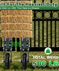 6 Inch Heavy Duty Gate Wheel With 360 Degree Swivel Roller holding 500 lbs of hay near a sturdy gate for outdoor use.