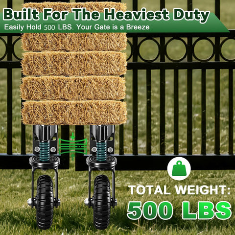 6 Inch Heavy Duty Gate Wheel With 360 Degree Swivel Roller holding 500 lbs of hay near a sturdy gate for outdoor use.