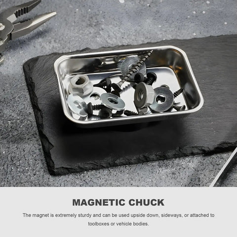 Two Pack Magnetic Tray Holders Pro Grade Stainless Steel 3.6 By 2.5 Inch Rectangular Trays With Strong Magnets shown with screws and washers.