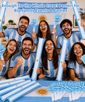Group using 48 Pack Soccer Fan Noisemaker Set With 24 Inflatable Thunder Sticks And 24 Hand Clappers, Argentina Flag Theme.