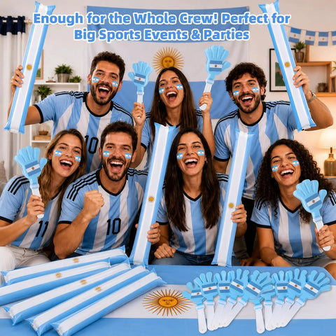 Group using 48 Pack Soccer Fan Noisemaker Set With 24 Inflatable Thunder Sticks And 24 Hand Clappers, Argentina Flag Theme.