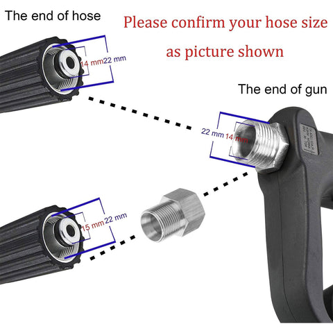 Diagram showing fittings for heavy duty replacement pressure washer gun with 40 inch extension wand and universal M22 14mm and 15mm.