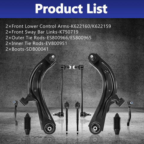 Beefed Up 10 Piece Suspension Kit With Front Lower Control Arm Sway Bar Link Inner Outer Tie Rod End Boot Assembly Replacement