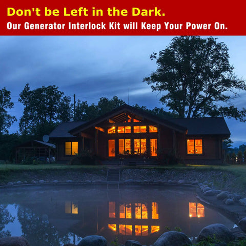 Illuminated house at dusk, trees in background; text 'Don't be Left in the Dark. Our Generator Interlock Kit will Keep Your Power On.'