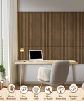 Walnut Acoustic Wall Panels 12 Pack Self Adhesive 16 By 12 By Four Tenths Of An Inch in home office with desk and chair