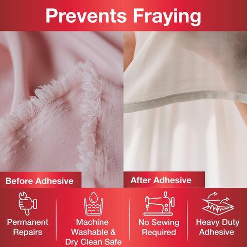Comparison of fabric fraying before and after using Heavy Duty Iron-On Fusing Web Fabric Adhesive For Quick, Strong Repairs And Fray Prevention - 3/4 Inch By 8 Yards, Ideal For Garments And DIY Crafts For Home Sewers And Crafting Enthusiasts