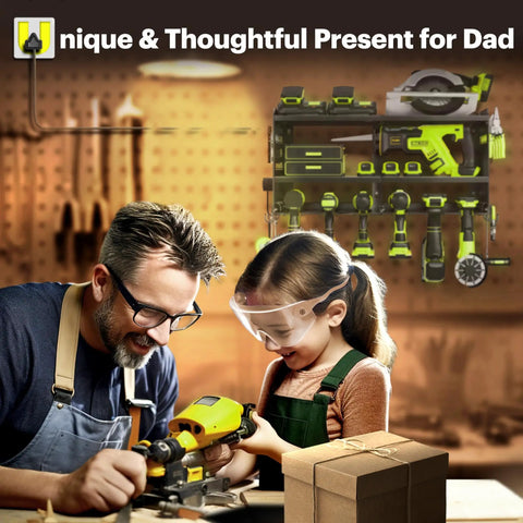 Father and daughter using tools with Power Tool Organizer Wall Mount With Charging Station in garage workshop scene.