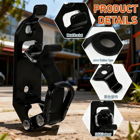 Rugged Metal Rubber Shovel Mount for Roof Rack and Truck Bed with metal bracket and rubber straps, showing product details.