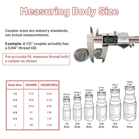 Caliper measuring hydraulic quick connect coupler size against a chart, showing 0.718 inch diameter for accurate fitting.