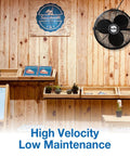 Beefy 18 Inch High Velocity Multi Mount Industrial Fan With Three Speed Settings Pivoting Head in rustic room setting