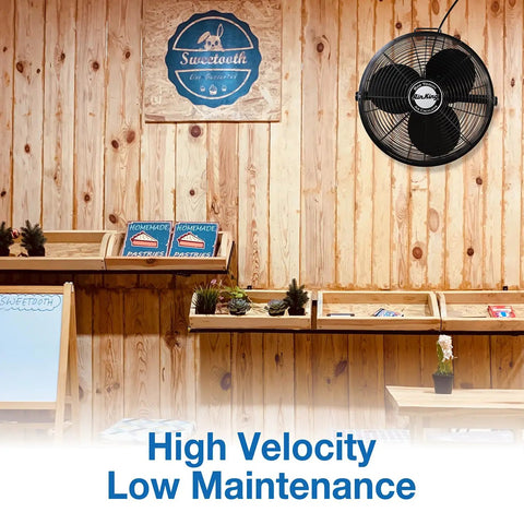 Beefy 18 Inch High Velocity Multi Mount Industrial Fan With Three Speed Settings Pivoting Head in rustic room setting