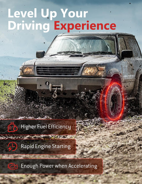 SUV driving through muddy terrain with text overlay about fuel efficiency, engine starting, and power acceleration benefits.