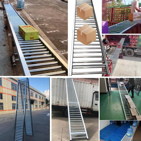Extra Long 29.5 Foot Portable Conveyor Belt For Dock Truck Loading With Foldable Design And 16 Inch Rollers lightweight mobile slide machine with boxes.