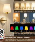 Premium Gold Wall Sconces Set Of 2, Wireless Rechargeable And Dimmable Battery Operated Lights with various color modes and remote.
