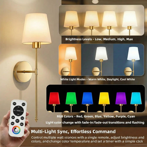 Premium Gold Wall Sconces Set Of 2, Wireless Rechargeable And Dimmable Battery Operated Lights with various color modes and remote.