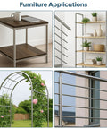 Collage of furniture and garden applications featuring metal tubing, including a table, shelving unit, garden arch, and railing.