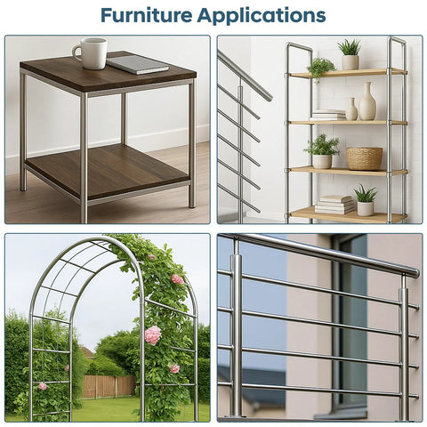 Collage of furniture and garden applications featuring metal tubing, including a table, shelving unit, garden arch, and railing.